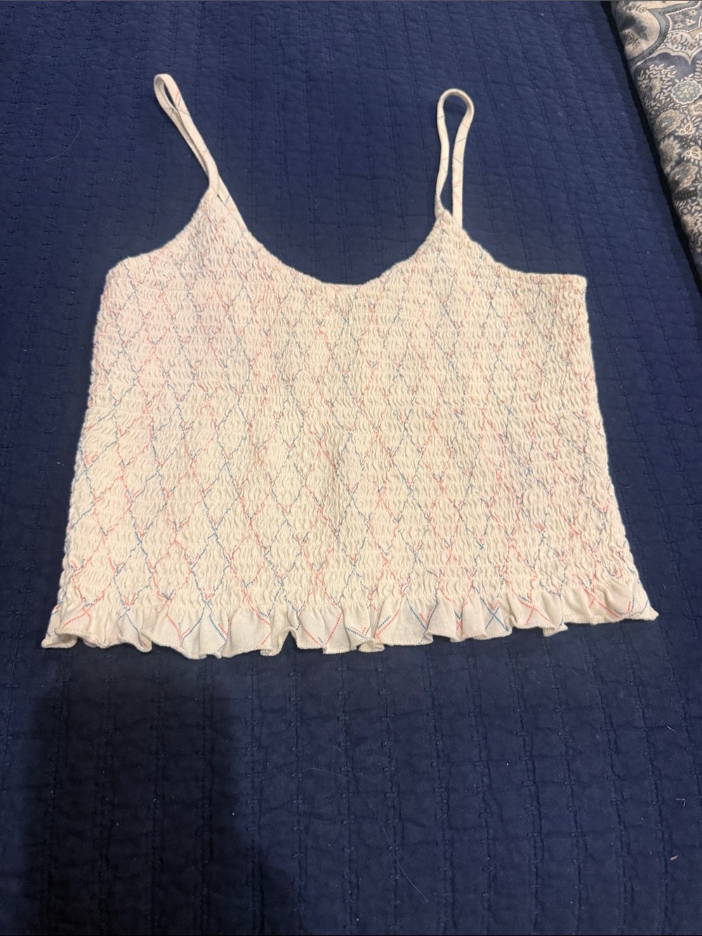 American eagle Smocked Ruffle Hem Cami Tank Top - White with Pink & Blue Accents